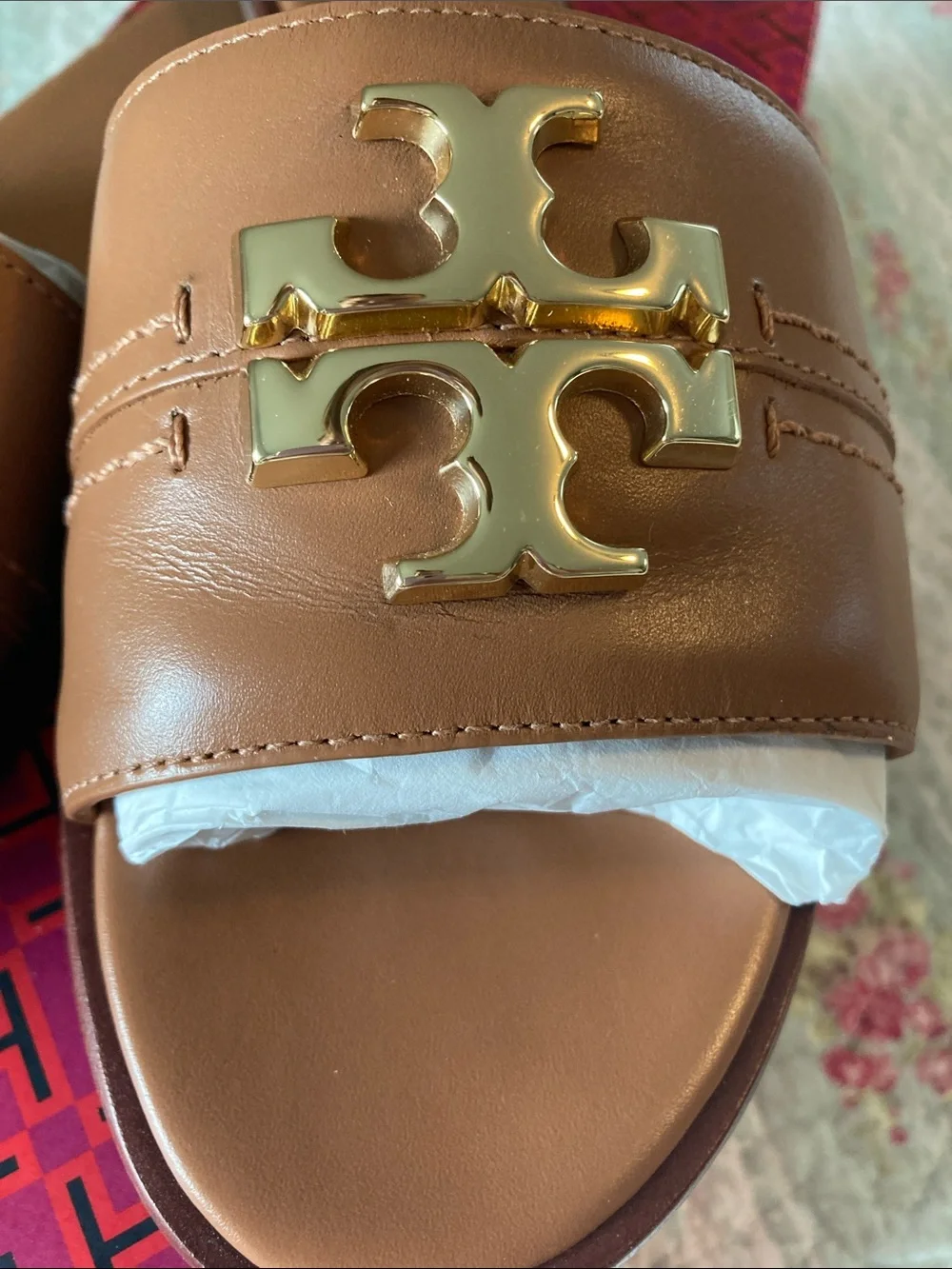 Tory Burch Cognac Leather Slide Sandals with Gold Logo